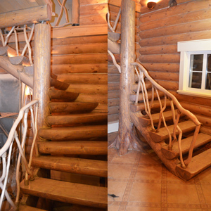 Деревянная рубленная лестница полувинтовая